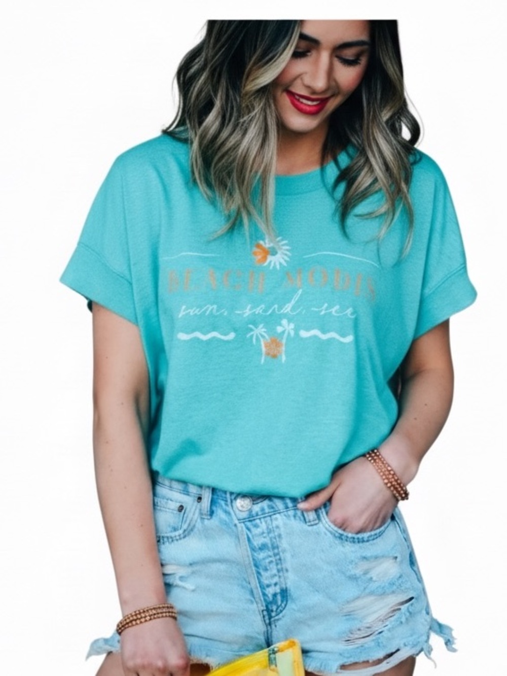 Southern Bliss Beach Mode Sun Sand Sea Graphic crewneck tee turquoise  Large